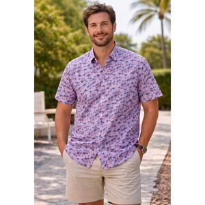 Bonobos Purple Palm Tree Button Down Short Sleeve Tailored Fit Shirt Men's XL